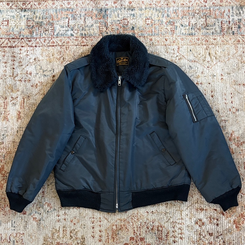 Navy Blue Bomber Jacket with Faux Fur Collar